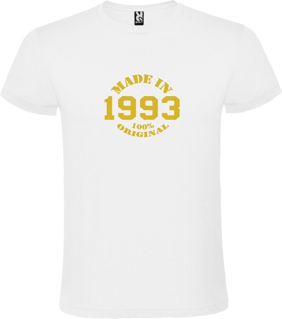 Wit T-Shirt met “Made in 1993 / 100% Original “ Afbeelding Goud Size XXXL