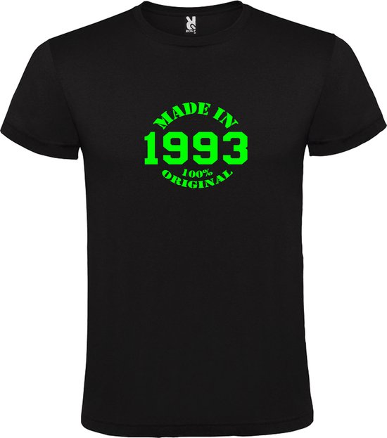 Zwart T-Shirt met “Made in 1993 / 100% Original “ Afbeelding Neon Groen Size XXXXXL