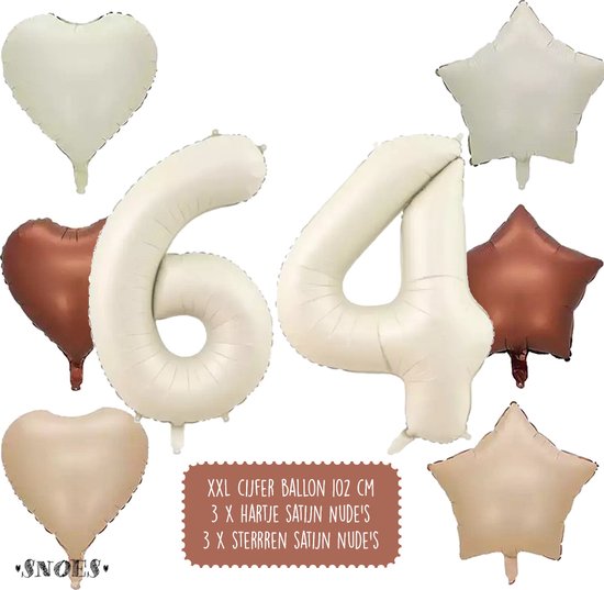 64 Jaar Cijfer Ballon - Snoes - Satijn Creme Nude Ballonnnen - Heliumballon - Folieballonnen