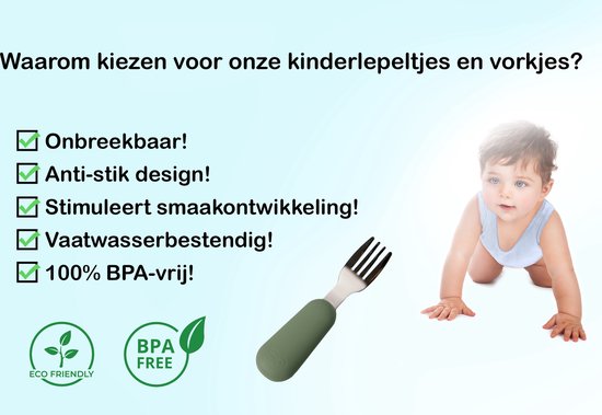 JU&MP Kinderbestek - Baby - 2 Baby Lepeltjes en Vorkjes - Baby Bestek - BPA-Vrij - RVS - Groen Mango - JU&MP
