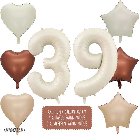 39 Jaar Cijfer Ballon - Snoes - Satijn Creme Nude Ballonnnen - Heliumballon - Folieballonnen
