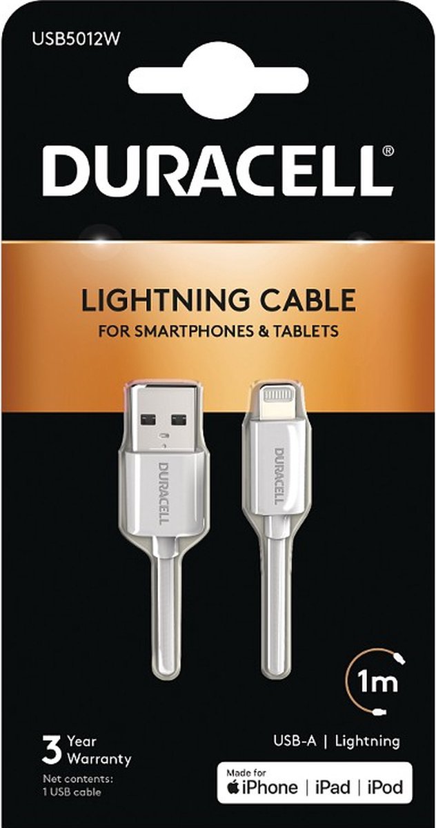 Duracell USB 2.0 A Male naar Apple Lightning - 1 m