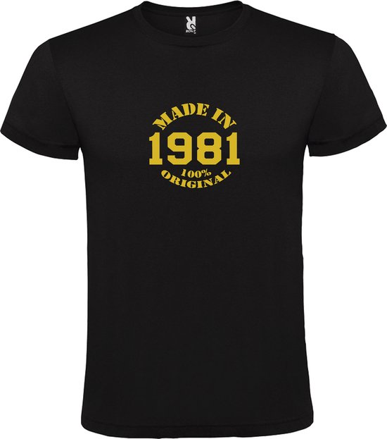 Zwart T-Shirt met “Made in 1981 / 100% Original “ Afbeelding Goud Size M