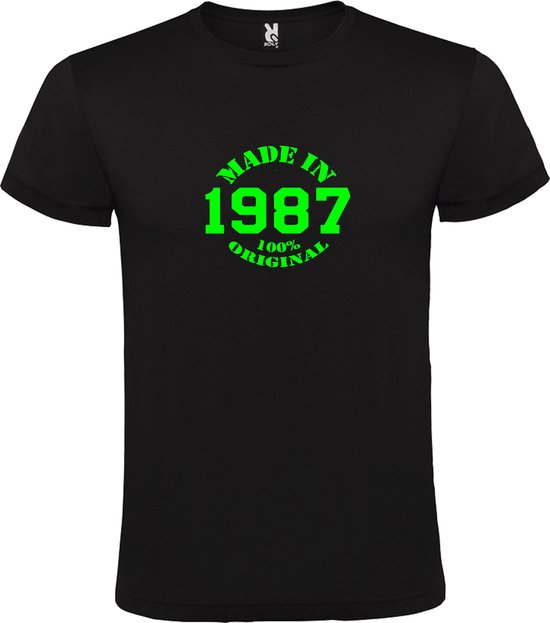 Zwart T-Shirt met “Made in 1987 / 100% Original “ Afbeelding Neon Groen Size XXXL