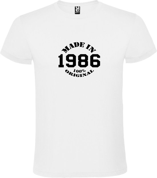 Wit T-Shirt met “Made in 1986 / 100% Original “ Afbeelding Zwart Size XXXXXL