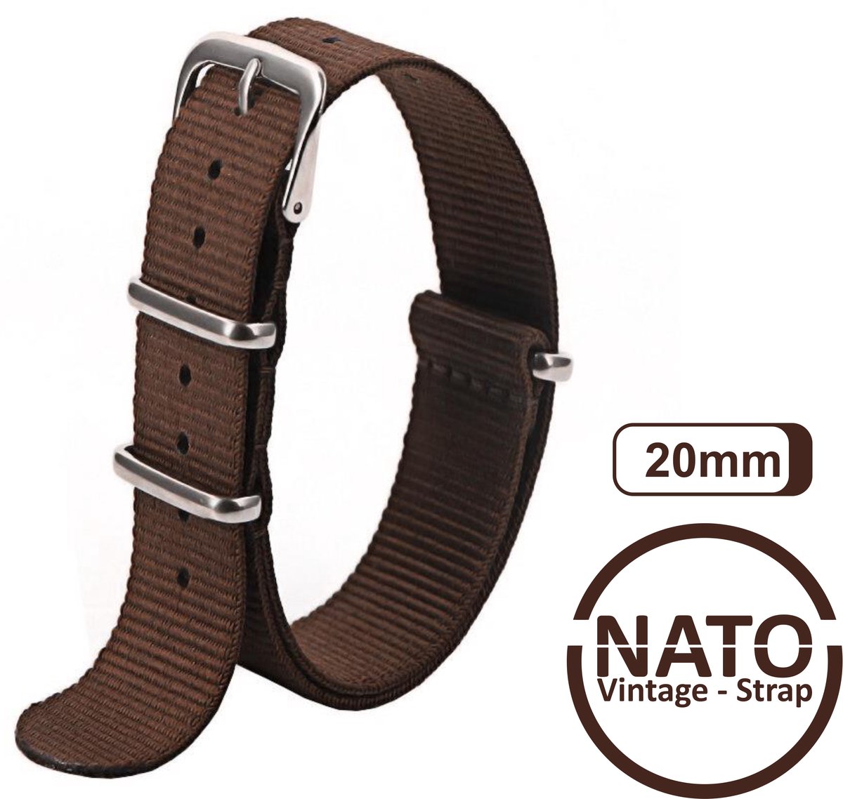 20mm Premium Nato Strap Bruin - Vintage James Bond - Nato Strap collectie - Mannen - Vrouwen - Horlogeband - 20 mm bandbreedte voor oa. Seiko Rolex Omega Casio en Citizen