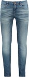 Blauwe slim fit jeans met lichte wassing, voorkant.
