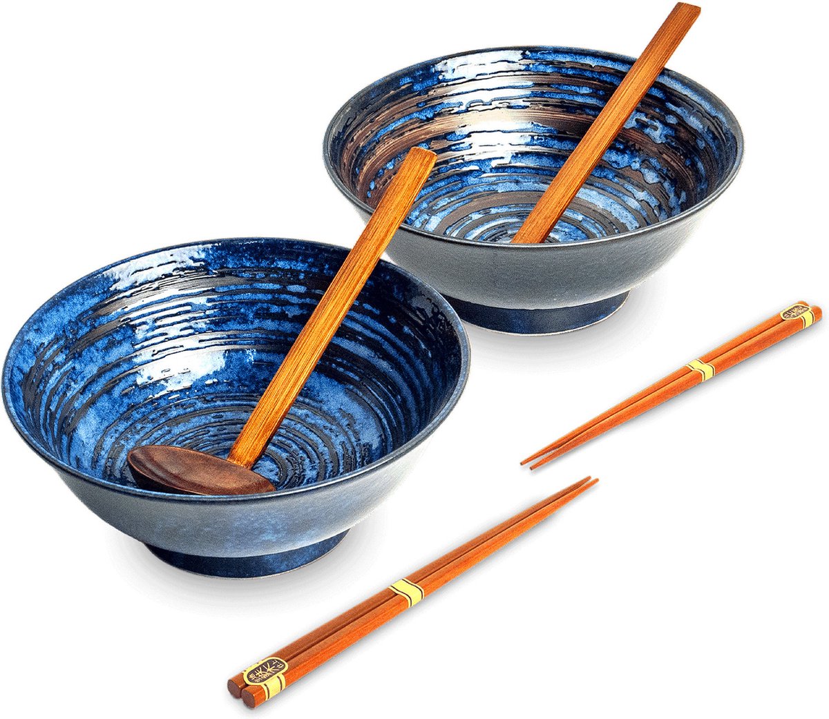 Luxe - Ramenbowlset - Uzu - 2 Persoons - Ramen bowl set - 6 Delig - Ø22 / H9 cm - Ramen - Ramen bowl - Noodles - Noodles ramen - Noodle kom - Pokebowl - Sushi stokjes - Houten Lepel - Chopsticks - Eetstokjes - Soeplepel - Kom - Schaal - Sushi servies