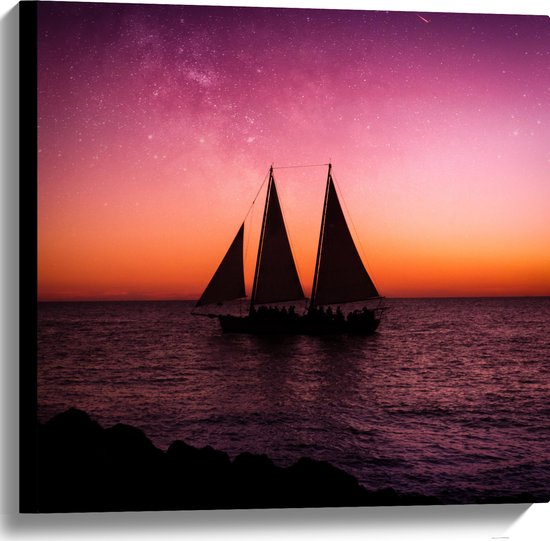 WallClassics - Toile - Voilier sur la mer avec ciel jaune violet - 60x60 cm Photo sur toile (Décoration murale sur toile)