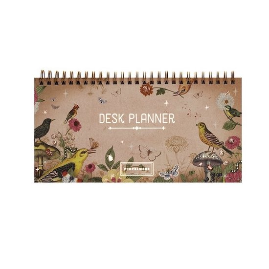 Bureauplanner 'Pimpelmees Rose Datumloos' met vogels, bloemen en vlinders op een bruine achtergrond.