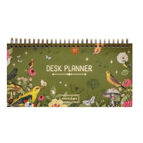 Bureauplanner met groen kaft, versierd met vogels, vlinders, bloemen en paddestoelen. Tekst 'DESK PLANNER' in het midden.