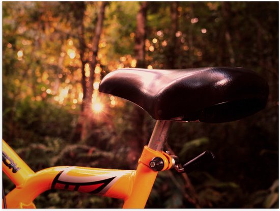 WallClassics - Poster (Mat) - Zadel van Gele Fiets in het Bos - 40x30 cm Foto op Posterpapier met een Matte look