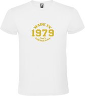 Wit T-Shirt met “Made in 1979 / 100% Original “ Afbeelding Goud Size L