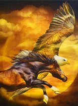 Denza - Diamond painting paard met adelaar 40 x 50 cm volledige bedrukking ronde steentjes - horse - adelaar - roofvogel - zon - voor volwassenen