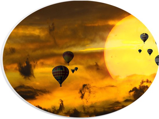 WallClassics - PVC Schuimplaat Ovaal - Zee van Luchtballonnen bij Oranje Supermaan - 28x21 cm Foto op Ovaal (Met Ophangsysteem)