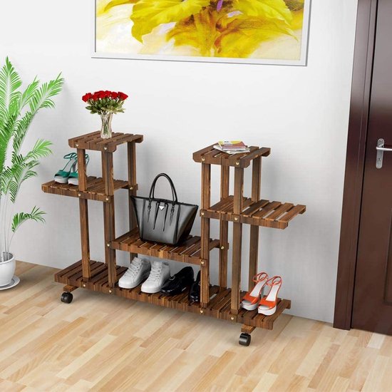 COSTWAY 6 Lagen plantenrek, vrijstaand 7 potten bloemrek, plantenstandaard met anti-kantel apparaat, multifunctionele display plank, binnen & buiten