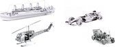 Set van 4 - Metallic Nano Puzzle 3D - Titanic-Oldtimer-Raceauto en Helicopter - Miniatuur - Metaal