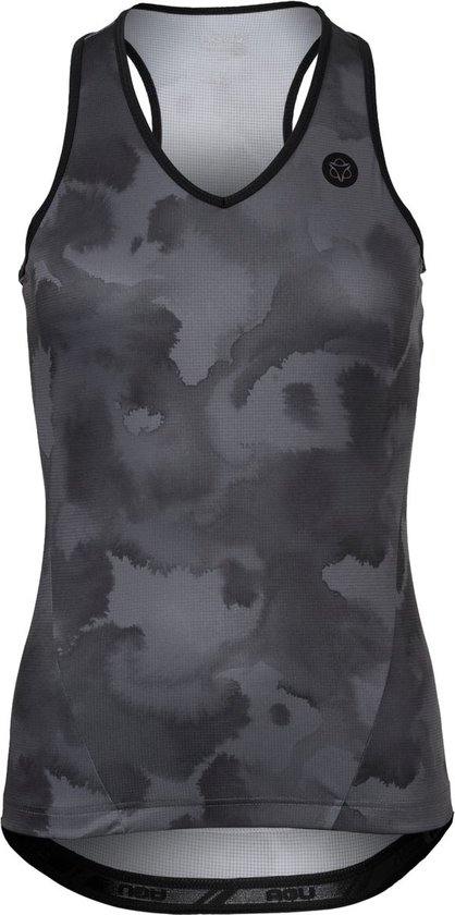 Voorkant van een dames tanktop in zwart met abstract camouflage-achtig patroon. V-hals met zwarte bies en logo.