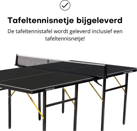 Zwarte tafeltennistafel met net, klaar voor gebruik. "Tafeltennisnetje bijgeleverd".
