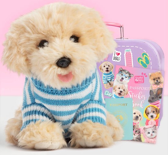 Foto: Studio pets knuffel labradoodle doodle set pluche knuffel 23cm lila speelgoedkoffer paspoort stickerboek