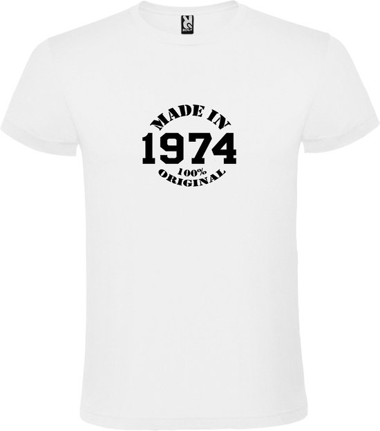 Wit T-Shirt met “Made in 1974 / 100% Original “ Afbeelding Zwart Size M