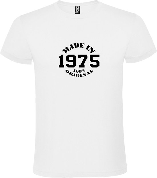 Wit T-Shirt met “Made in 1975 / 100% Original “ Afbeelding Zwart Size M