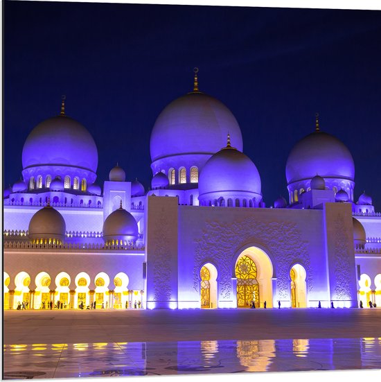 Dibond - Sjeik Zayed-moskee in de Nacht in Abu Dhabi - 80x80 cm Foto op Aluminium (Wanddecoratie van metaal)
