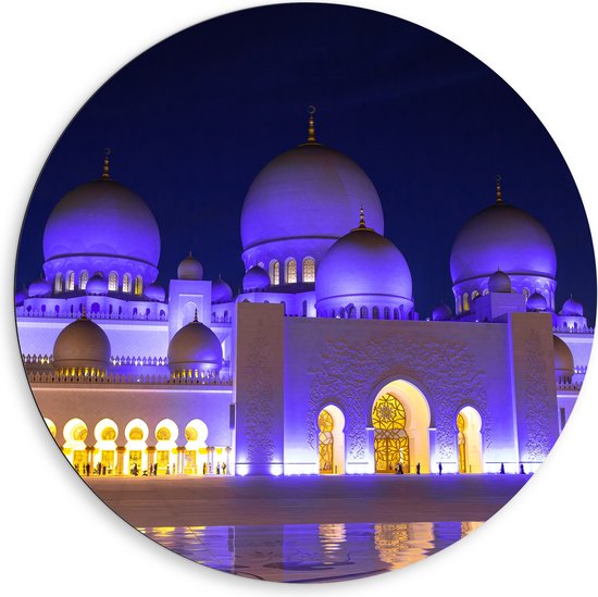 Dibond Muurcirkel - Sjeik Zayed-moskee in de Nacht in Abu Dhabi - 80x80 cm Foto op Aluminium Muurcirkel (met ophangsysteem)