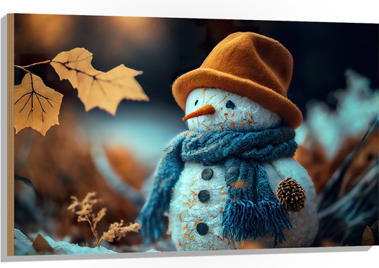 Hout - Sneeuwpop met Bruine Hoed en Blauwe Sjaal tussen de Herfstbladeren - 105x70 cm - 9 mm dik - Foto op Hout (Met Ophangsysteem)