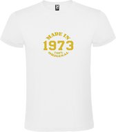 Wit T-Shirt met “Made in 1973 / 100% Original “ Afbeelding Goud Size L