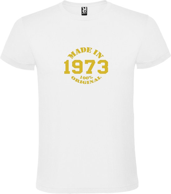 Wit T-Shirt met “Made in 1973 / 100% Original “ Afbeelding Goud Size L