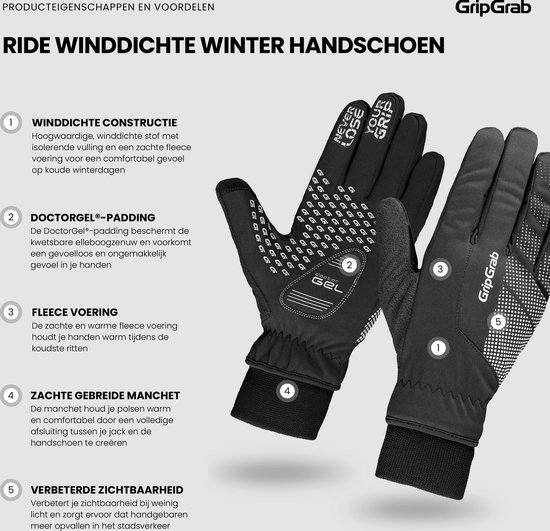 GripGrab - Ride Windproof Winter Gevoerde Padded Fietshandschoenen - Zwart - Unisex - Maat M