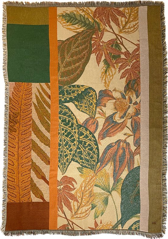 NIN-NIT - Bicnonia Blanket - Plaid - Geweven Deken - Sprei - Bloemen Print - Bladeren - Natuurprint - 100% geweven katoen - oranje - groen - beige - bruin - roze - rood - multicolor -220x160 cm