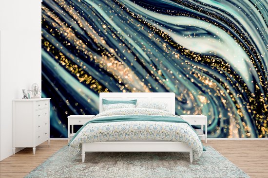 Behang - Fotobehang Marmer - Goud - Blauw - Glitter - Marmerlook - Abstract - Breedte 435 cm x hoogte 260 cm