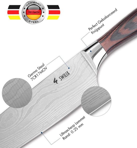 Swilix  Professioneel Koksmes 20 CM, Inclusief Messenslijper, Mes- en vingerbeschermer, Duurzaam En Vlijmscherp - Universeel RVS Keukenmes