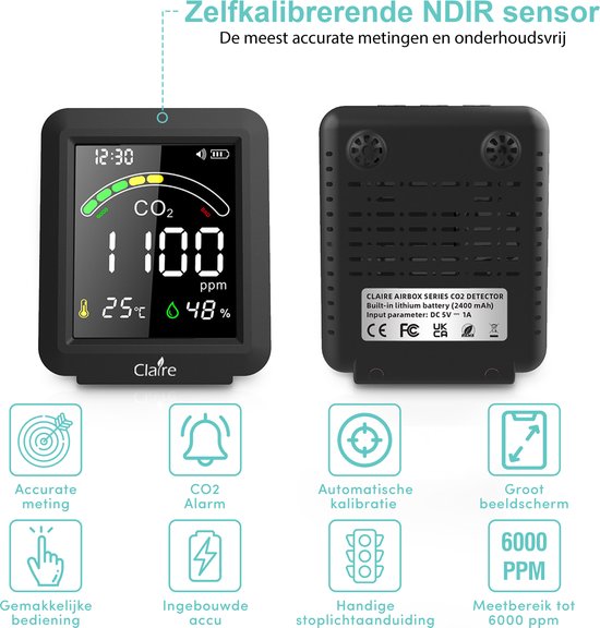 Claire Airbox CO2 meter - Luchtkwaliteitsmeter - Met hygrometer en  thermometer -... | bol.com