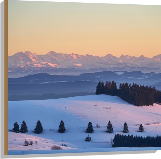 WallClassics - Hout - Heuvels en Bergen met Sneeuw - 80x80 cm - 12 mm dik - Foto op Hout (Met Ophangsysteem)