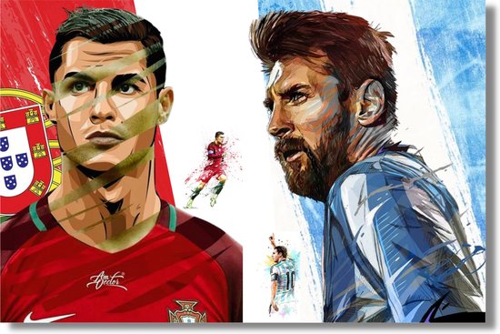 Poster Cristiano Ronaldo & Messi - Kerstcadeau man - Hoogwaardig glans - Voetbal - Bekende voetballer  - WK voetbal 2022 - FIFA - Sport - Cadeau - 60x42cm