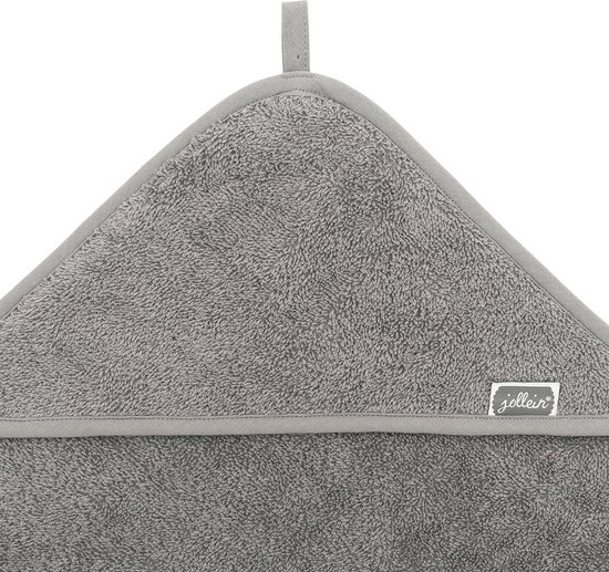 Een grijze badcape met capuchon en het label 'Jollein'.