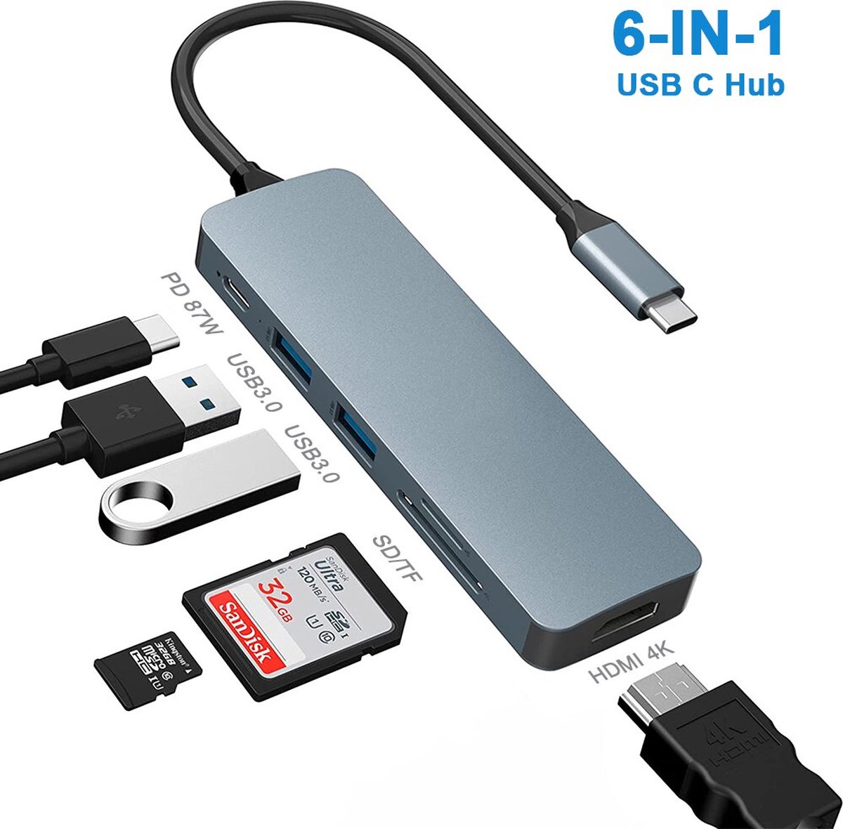 InHarmony® USB-C Hub - 6 in 1 Dock - USB Splitter - Docking Station Laptop - HDMI - 4K Ultra HD - Macbook Pro / Air - iMac - Chromebook - Space Grey