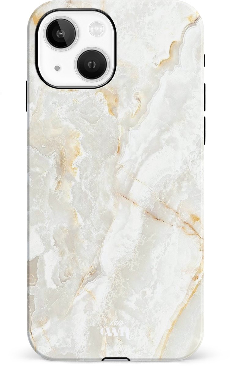 xoxo Wildhearts Marble Off Whites - Double Layer - Hoesje geschikt voor iPhone 14 Plus hoesje - Marmer hoesje - Shockproof base - Beschermhoesje geschikt voor iPhone 14 Plus case - Gebroken wit