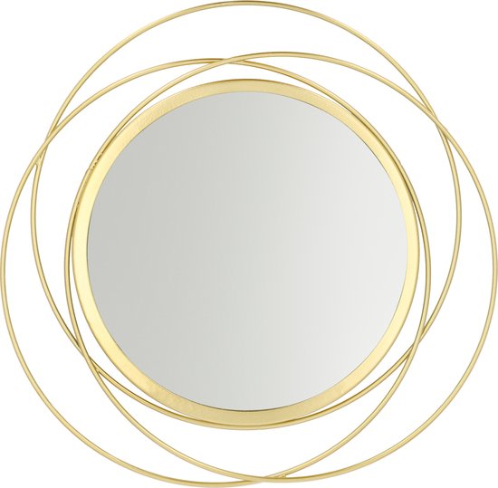 Ronde gouden spiegel met een decoratief metalen frame van op elkaar geplaatste cirkels.