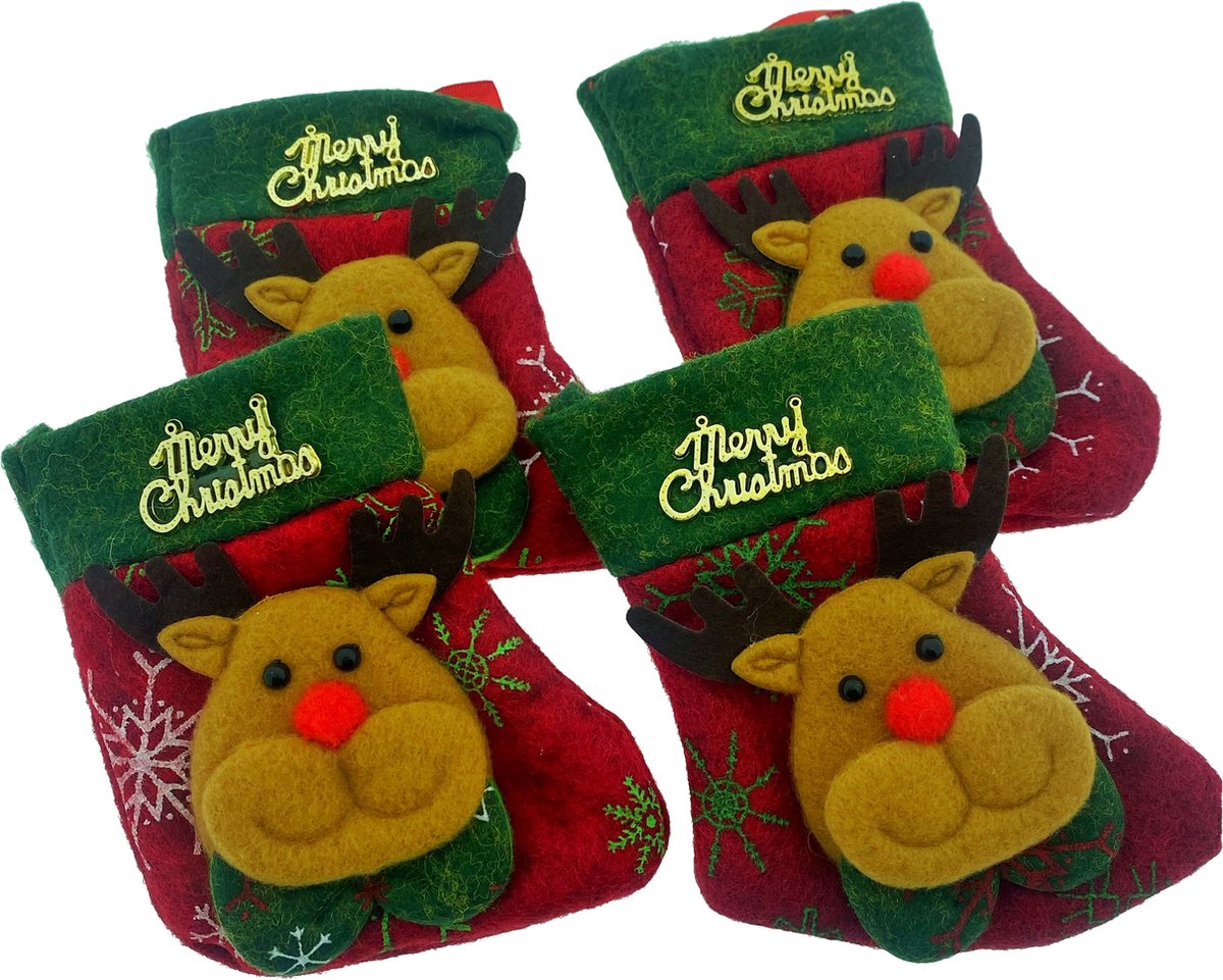 Knaak Mini Kerstsokken Rendier - Kerstdecoratie & Bestekhouders - Set van 4
