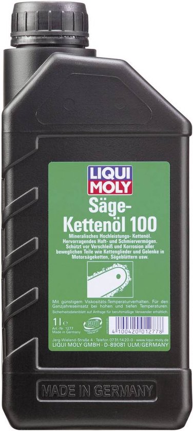 Zwarte fles met Liqui Moly Säge-Kettenöl 100 etiket. "MADE IN GERMANY" op de onderkant.