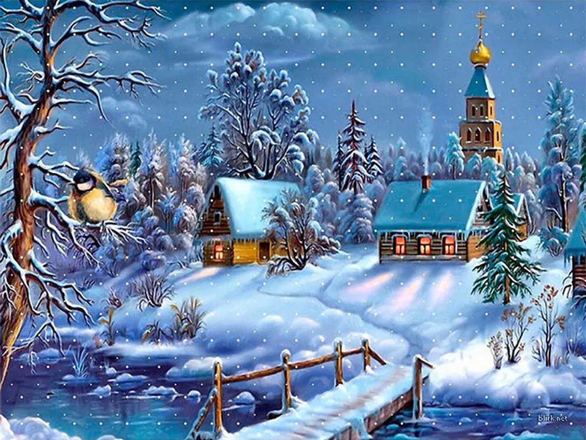 Diamond painting winterlandschap dorpje 30x40cm vierkante steentjes