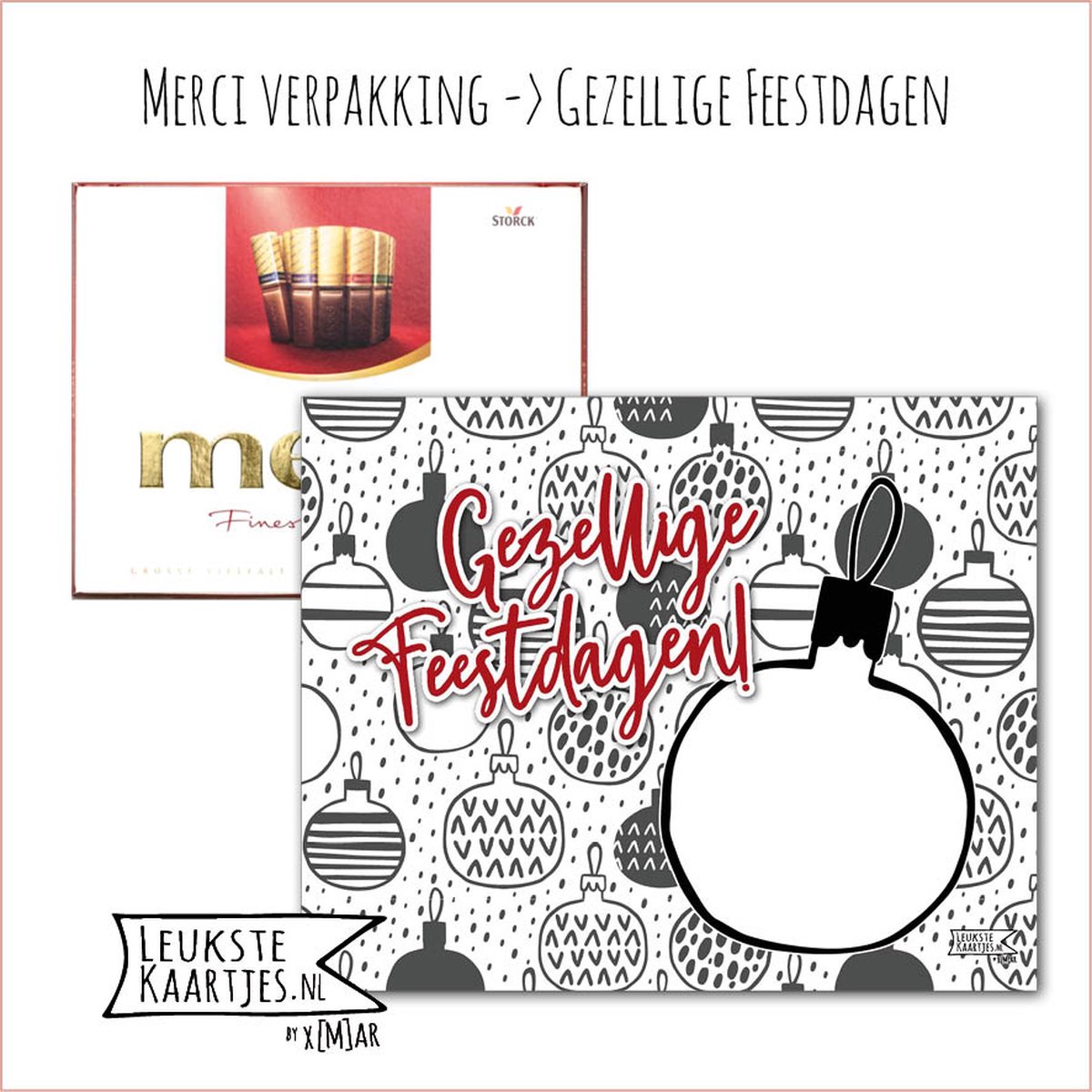 KaartKadootje Merci -> Feestdagen - No:05 (Merci Chocolade - Kerst - Gezellige Feestdagen - Zwart/Wit Kerstballen met schrijfruimte) - LeuksteKaartjes.nl by xMar