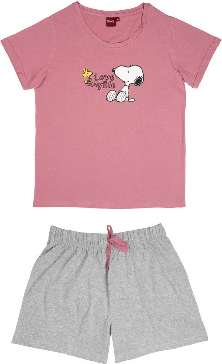 Original Snoopy - Pyjama kort dames set 100% katoen - broekje Shirt - Maat S Roze Grijs