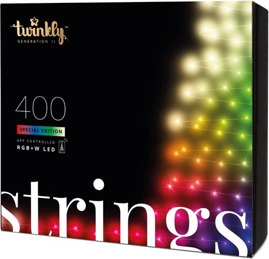 BERKATMARKT - Twinkly Strings – App-gestuurde LED Lichtsnoer met 400 RGB + W (16 Miljoen Kleuren + Warm Wit) LED's. 32 Meter. Zwarte Draad. Binnen en Buiten Slimme Verlichting Decoratie [Energieklasse A+]