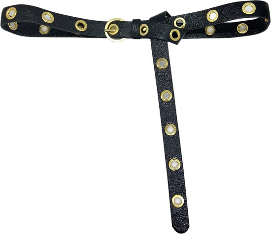 Dames Lederen Tailleren riem met gouden gaatjes/Leer/Made in Italië/Metallic Zwart