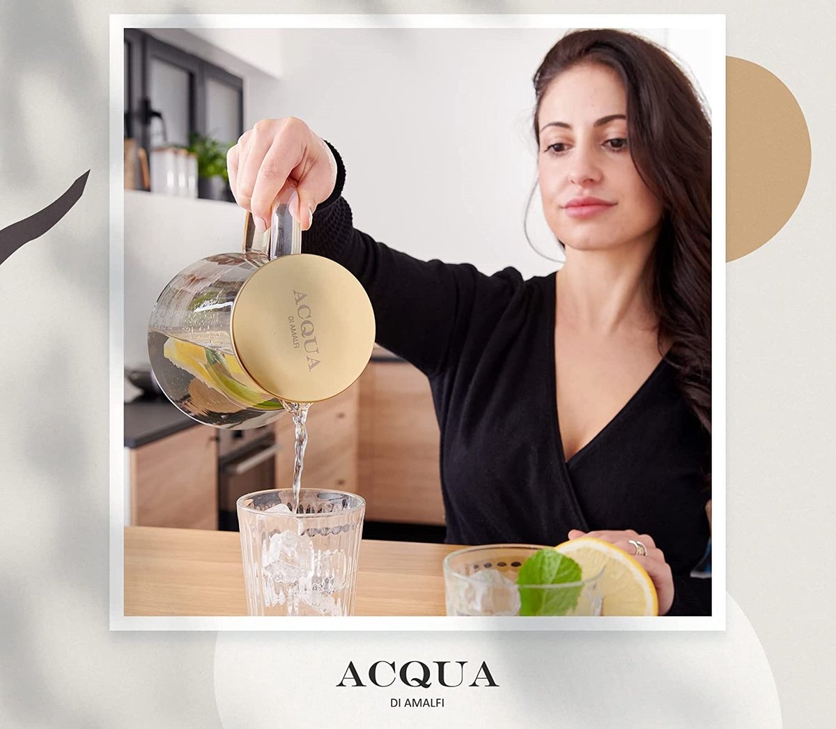 ACQUA DI AMALFI® Glazen karaf, waterkaraf, 2 liter, met roestvrij staal/bamboe deksel, waterkan met fruitinzet, lekvrij, kan ook als theepot (goud/bamboe